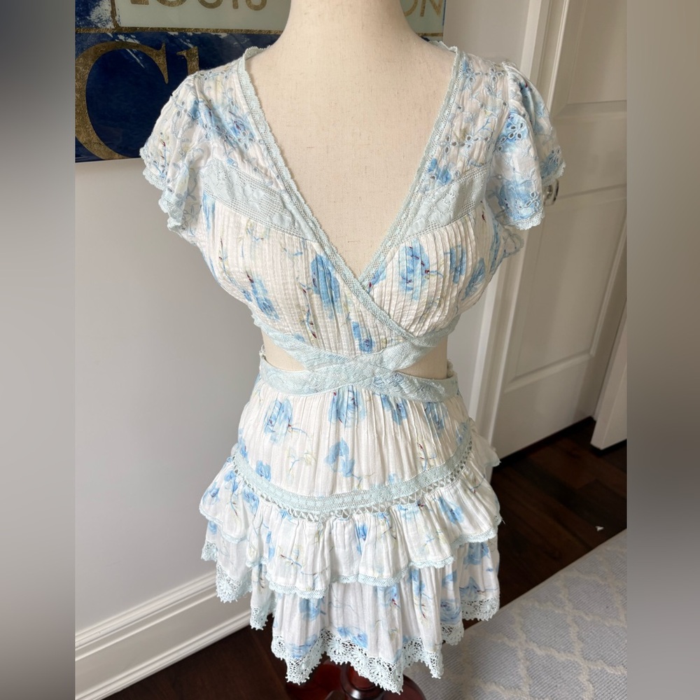 LoveShackFancy Light Blue Floral Ruffle Cutout Mini Dress - Picture 4 of 9